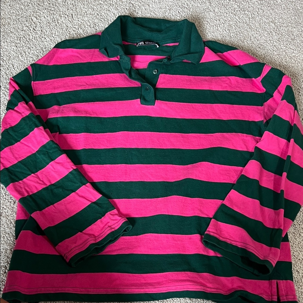 Zara Green and Pink Striped Polo Shirt